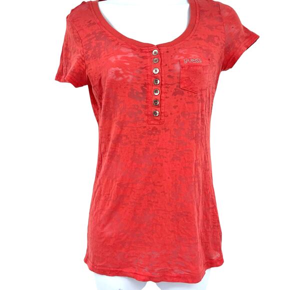 Guess Y2K Burnout Henley Womens Top Sz S Coral Sheer Coquette Grunge Bling Logo - Picture 1 of 12
